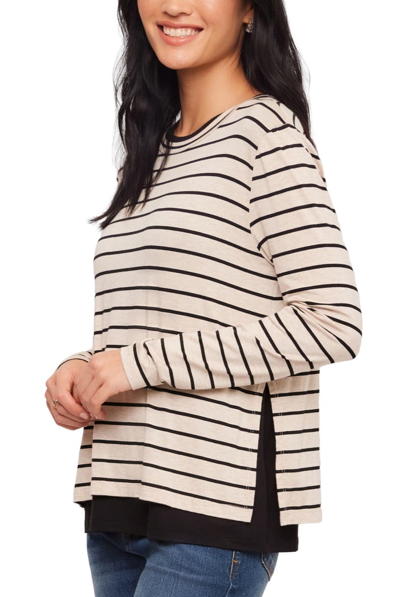 Striped Side Slit Top, Alternate, color, OATMEAL W/ BLACK