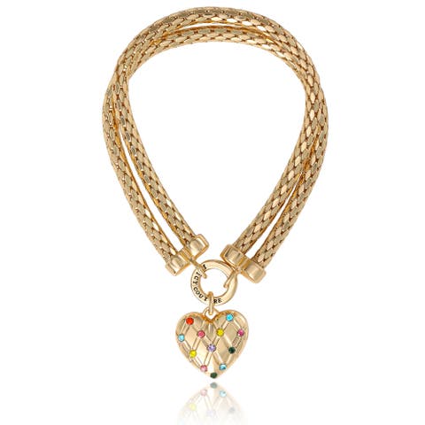 Double Chain Heart Padlock Necklace, Gold-Tone with Rainbow Crystals