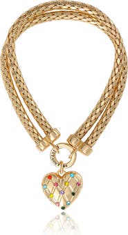 Juicy Couture Double Chain Heart Padlock Necklace, Gold-Tone with Rainbow Crystals
