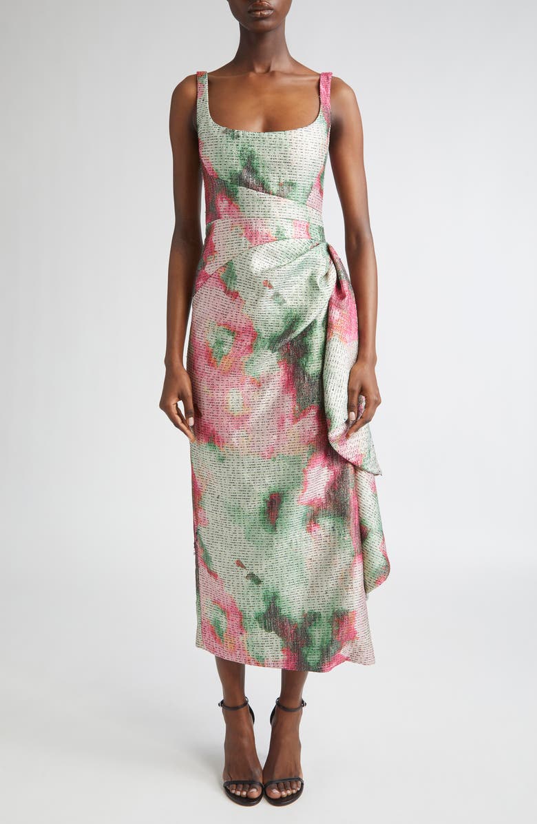 Lela Rose Florence Scoop Neck Textured Satin Sheath Dress, Main, color, Green Multi