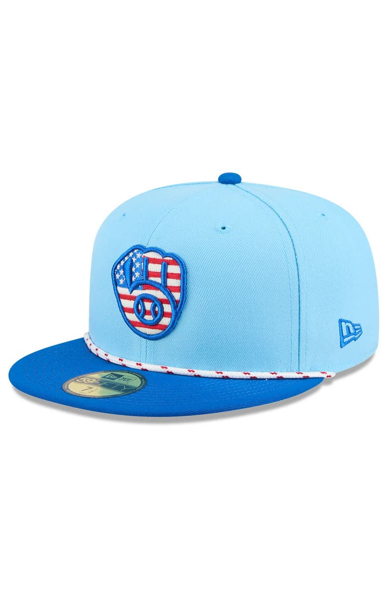 New Era Men's New Era Light Blue/Blue Milwaukee Brewers 2025 Fourth of July 59FIFTY Fitted Hat, Main, color, 