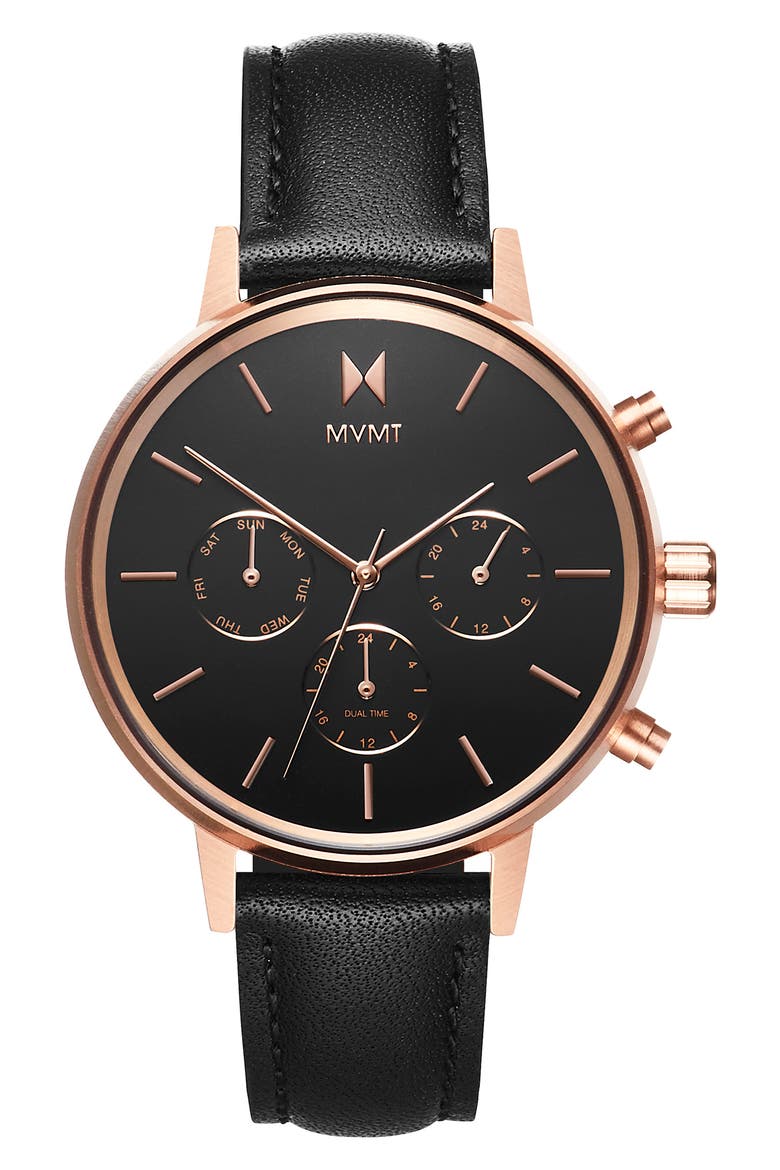 MVMT Nova Chronograph Leather Strap Watch, 38mm, Main, color, BLACK/ ROSE GOLD
