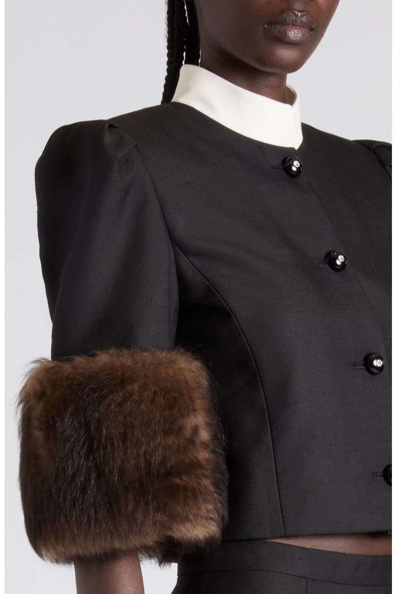 Genuine Shearling Trim Silk Shantung Jacket, Alternate, color, BLACK