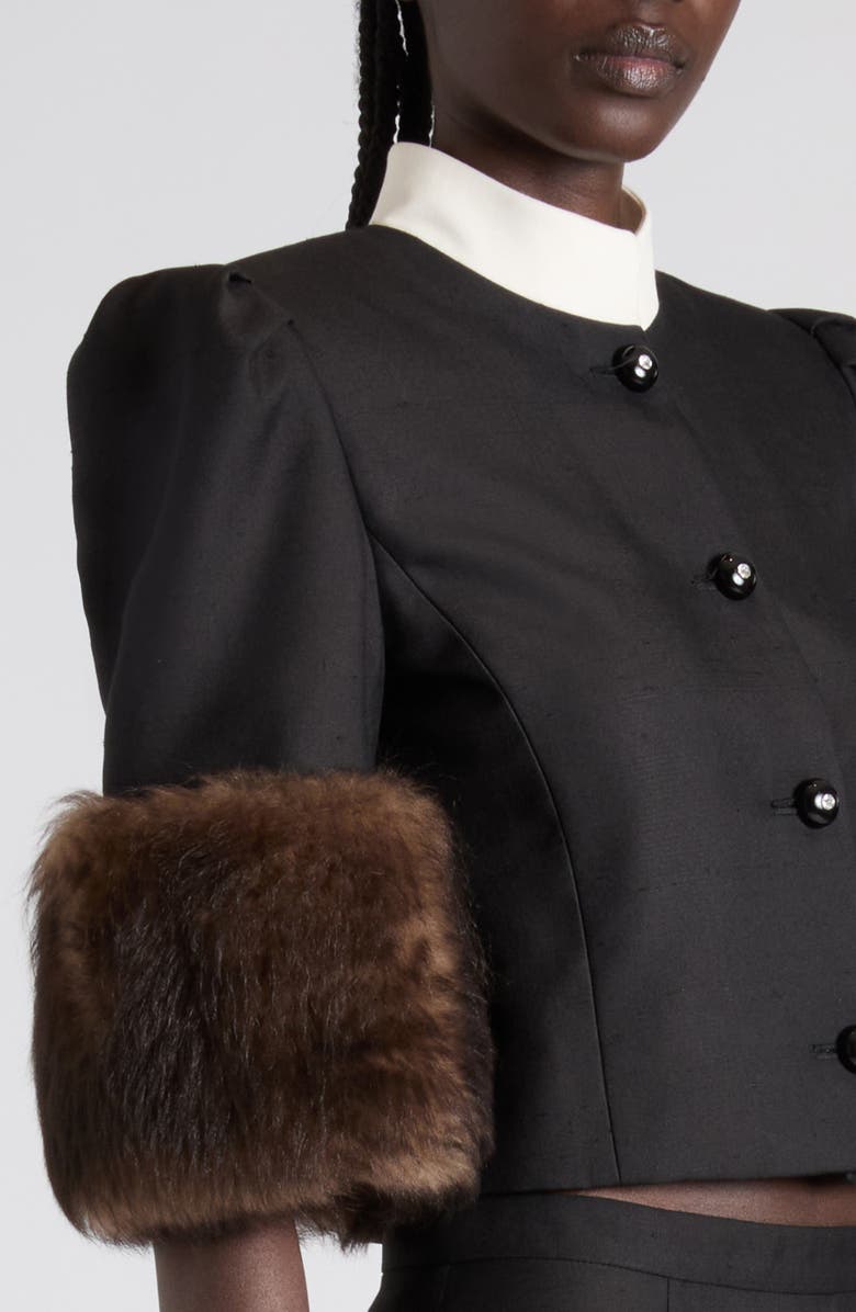 Valentino Genuine Shearling Trim Silk Shantung Jacket, Alternate, color, Black