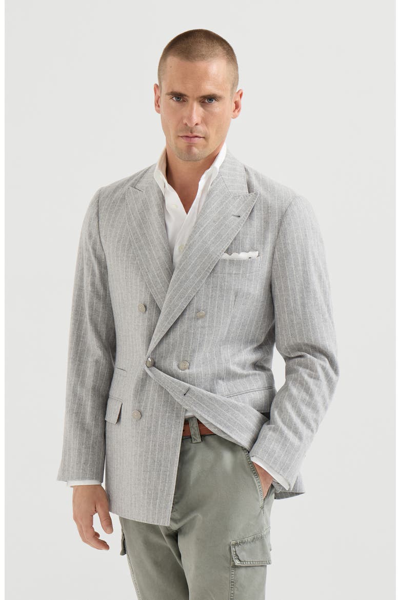 Virgin wool and cashmere chalk stripe flannel one-and-a-half breasted deconstructed blazer with metal buttons, Main, color, Light Grey