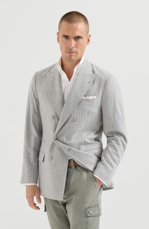 Virgin wool and cashmere chalk stripe flannel one-and-a-half breasted deconstructed blazer with metal buttons