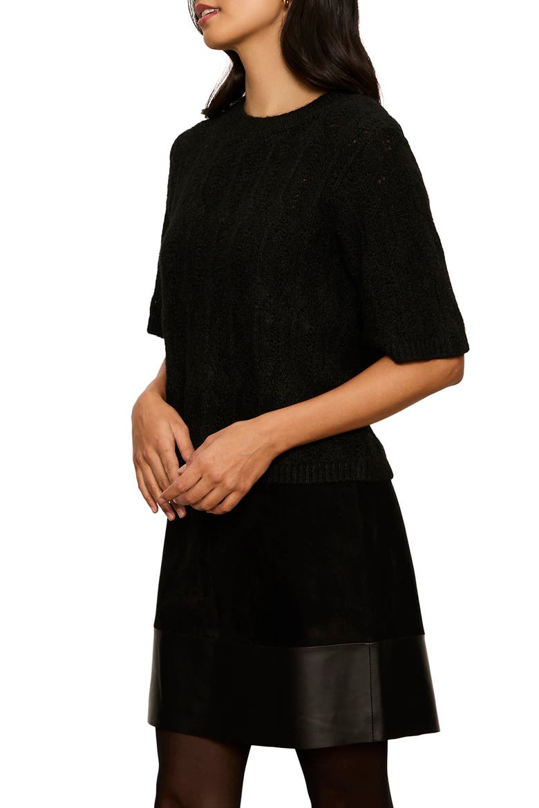 Pointelle Short Sleeve Sweater, Alternate, color, BLACK