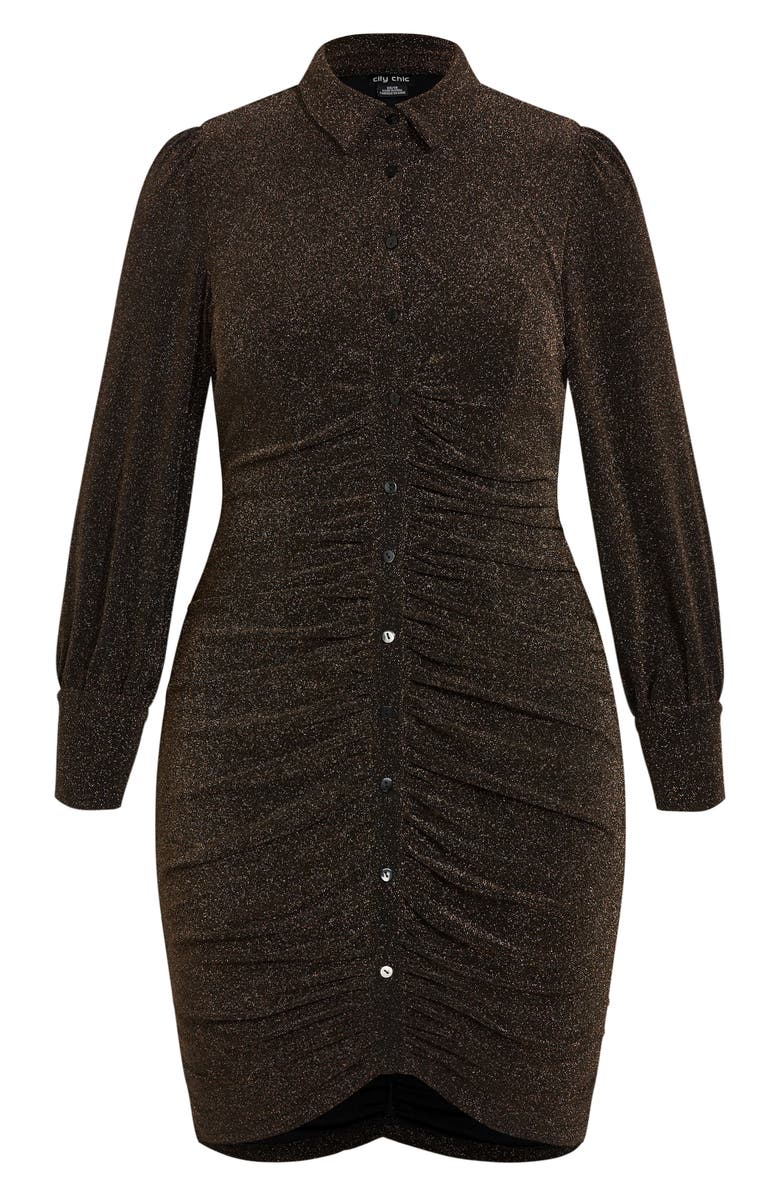 City Chic Estrella Ruched Metallic Long Sleeve Shirtdress, Alternate, color, Shimmer