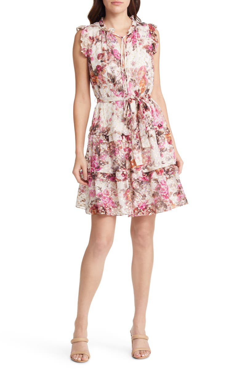 KOBI HALPERIN Brook Metallic Tie Waist Tiered Silk Blend Dress, Main, color, 