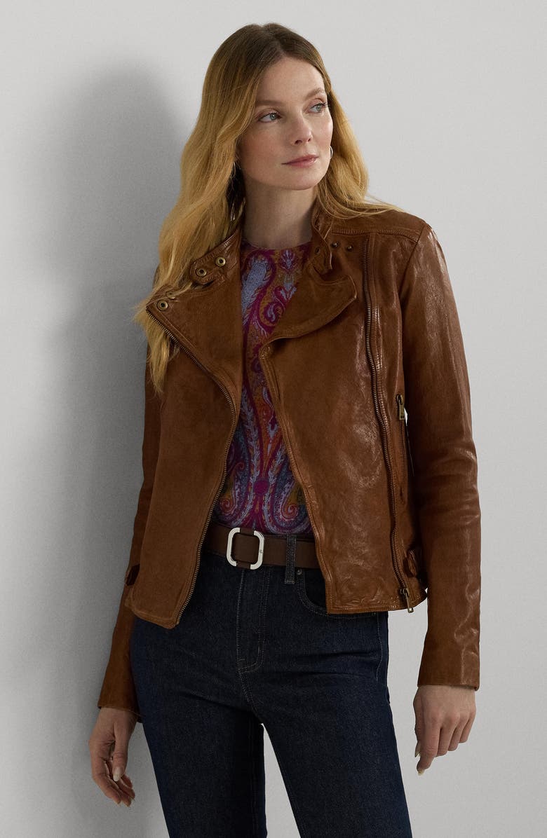 Lauren Ralph Lauren Leather Moto Jacket, Alternate, color, Dark Walnut