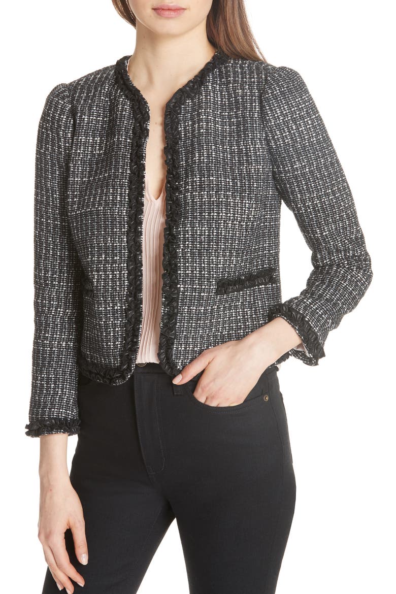 Ruffle Trim Tweed Jacket, Alternate, color, BLACK COMBO