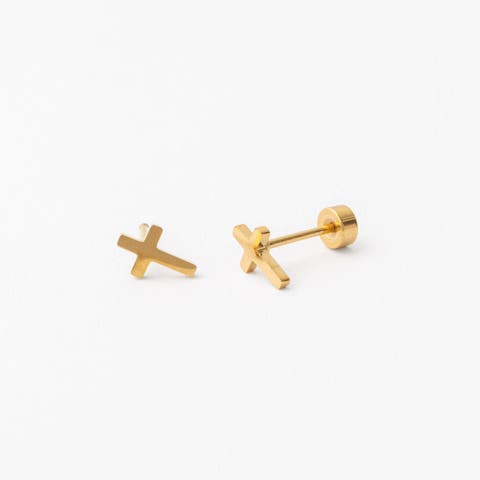 Gold Cross Long Post Hypoallergenic Flatback Stud Earrings