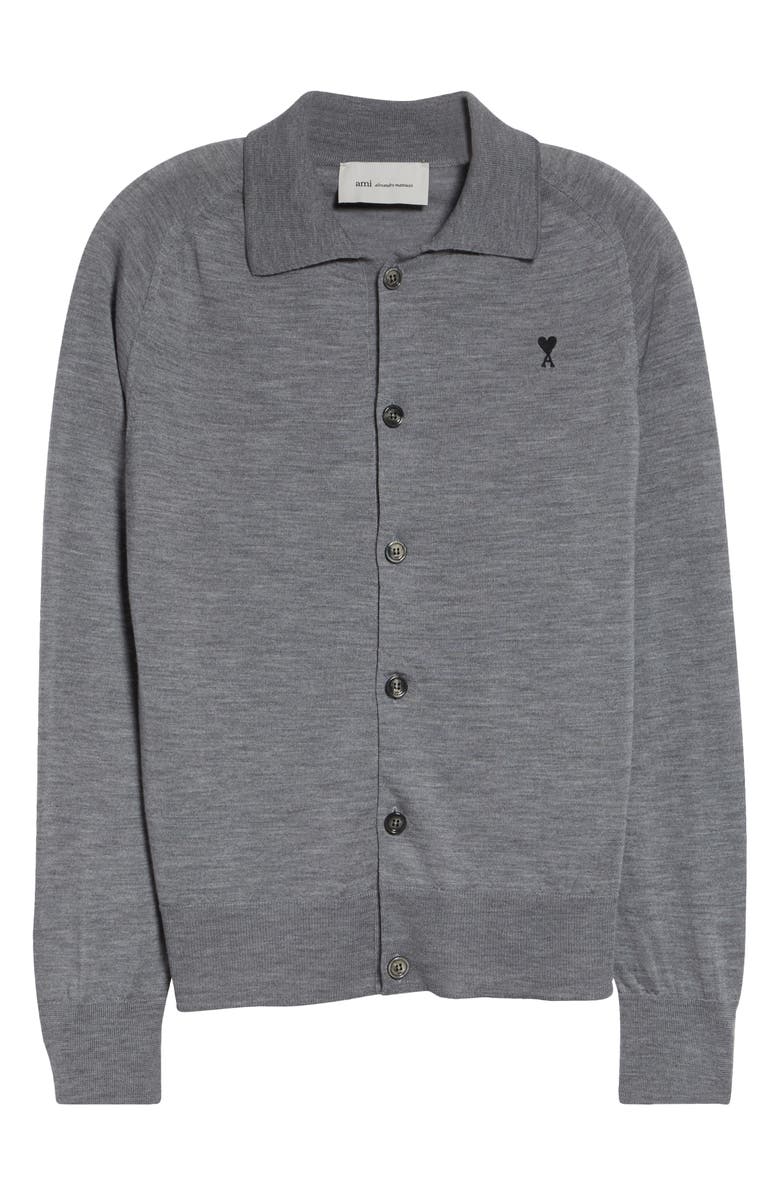 AMI PARIS Ami de Coeur Merino Wool Cardigan, Alternate, color, Gris Chine/ Noir