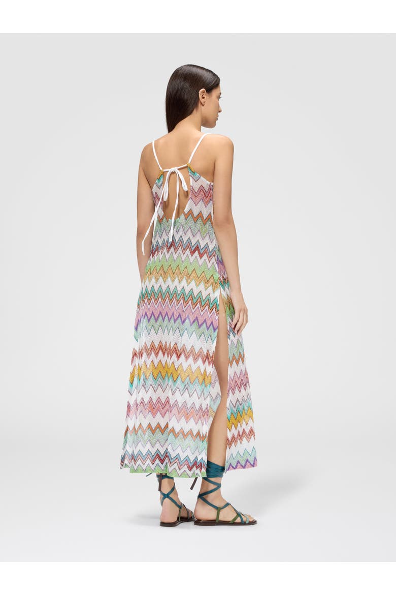 Long Cover-up In Lamé Viscose With Macro Zigzag Pattern And Slits, Alternate, color, White & Multicoloured