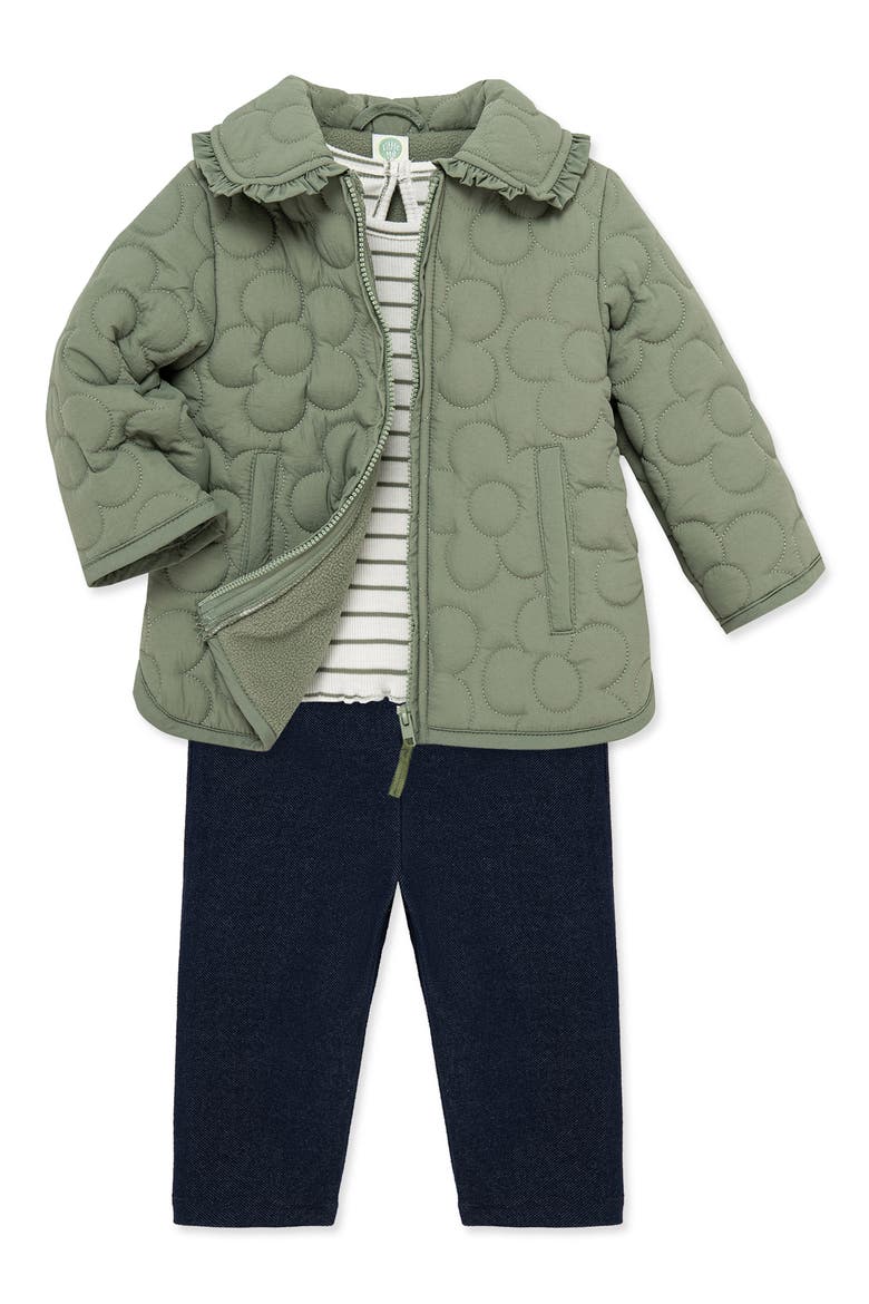 Set of 3 Stripe Rib Top, Knit Pants & Quilted Daisy Jacket, Alternate, color, GREEN