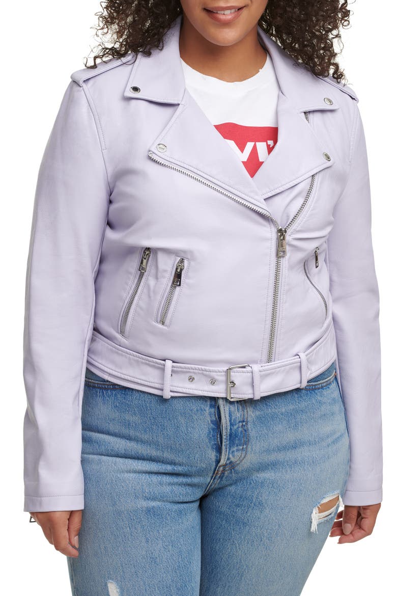 Water Repellent Faux Leather Fashion Belted Moto Jacket, Main, color, LILAC
