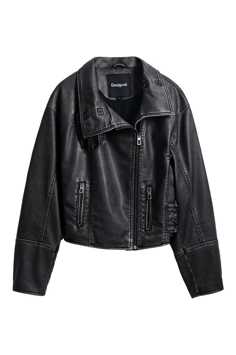 Lace Up Faux Leather Moto Jacket, Alternate, color, BLACK