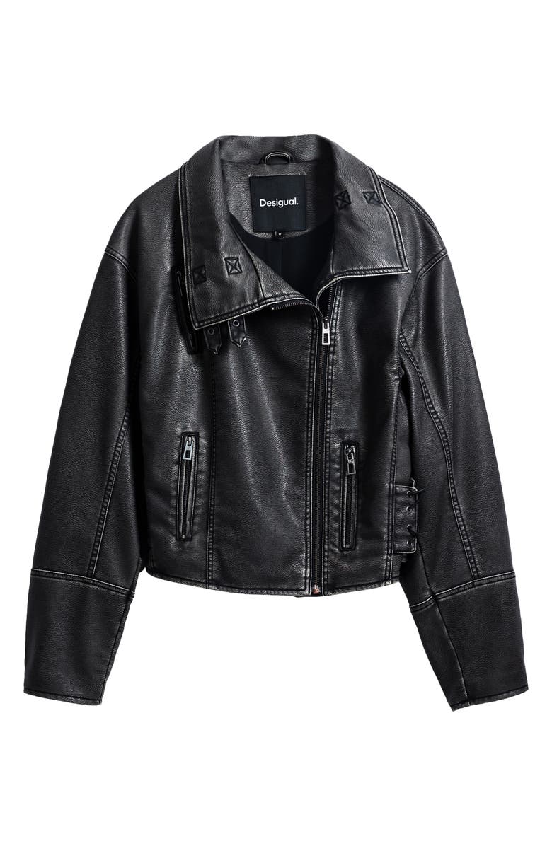 Desigual Lace Up Faux Leather Moto Jacket, Alternate, color, Black