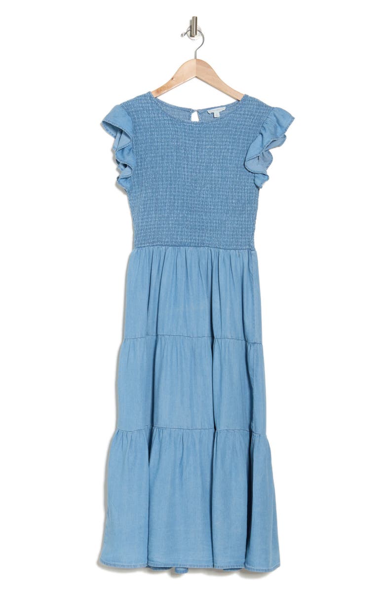 Blu Pepper Cap Sleeve Smocked Tiered Chambray Midi Dress, Alternate, color, 