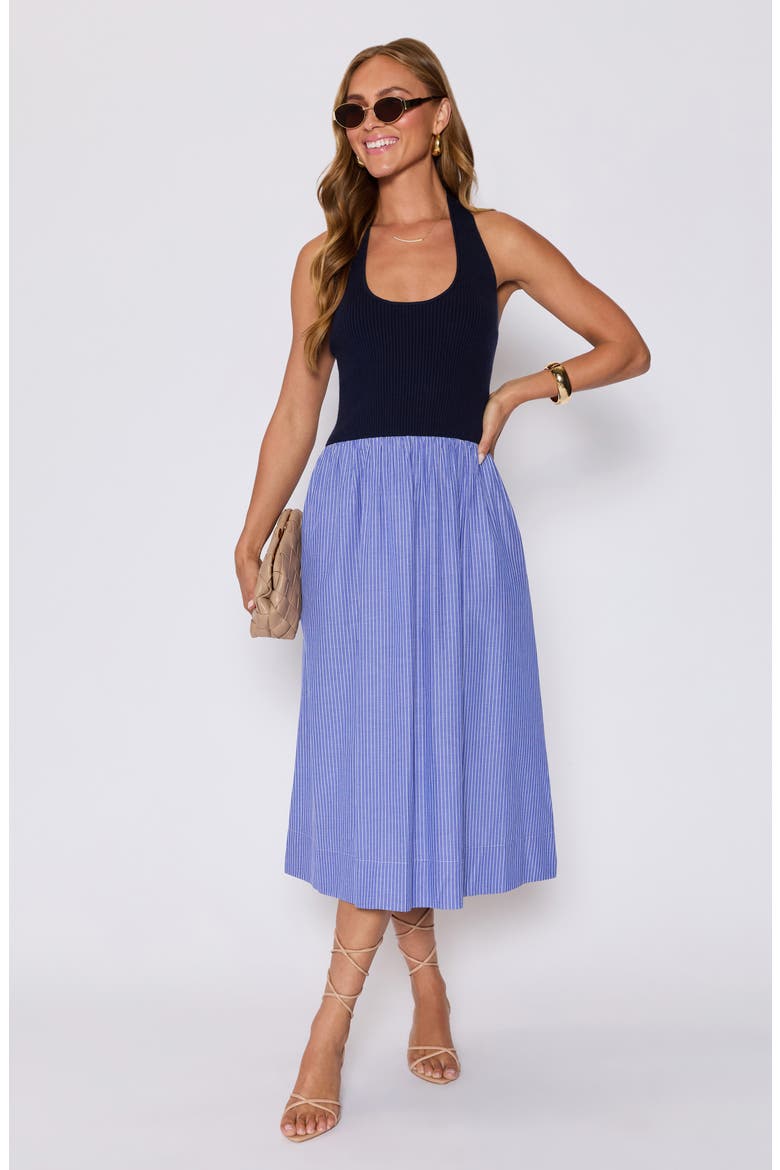 Piper Mixed Media Midi Halter Dress (Nordstrom Exclusive), Alternate, color, NAVY