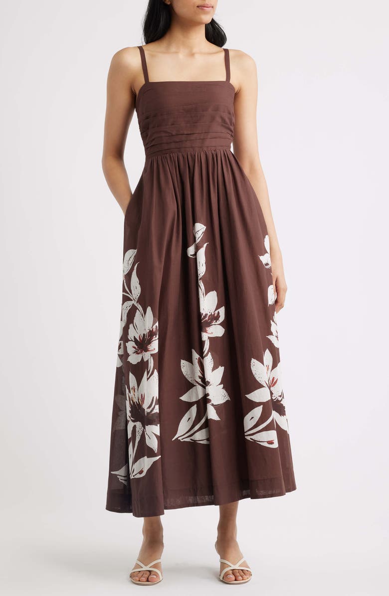 Tahari ASL Pleated Bodice Floral Print Maxi Dress, Main, color, Espresso Ivory