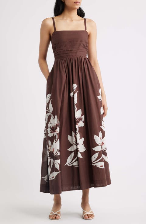Pleated Bodice Floral Print Maxi Dress