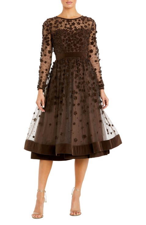 Embellished Illusion High Neck Long Sleeve Fit & Flare