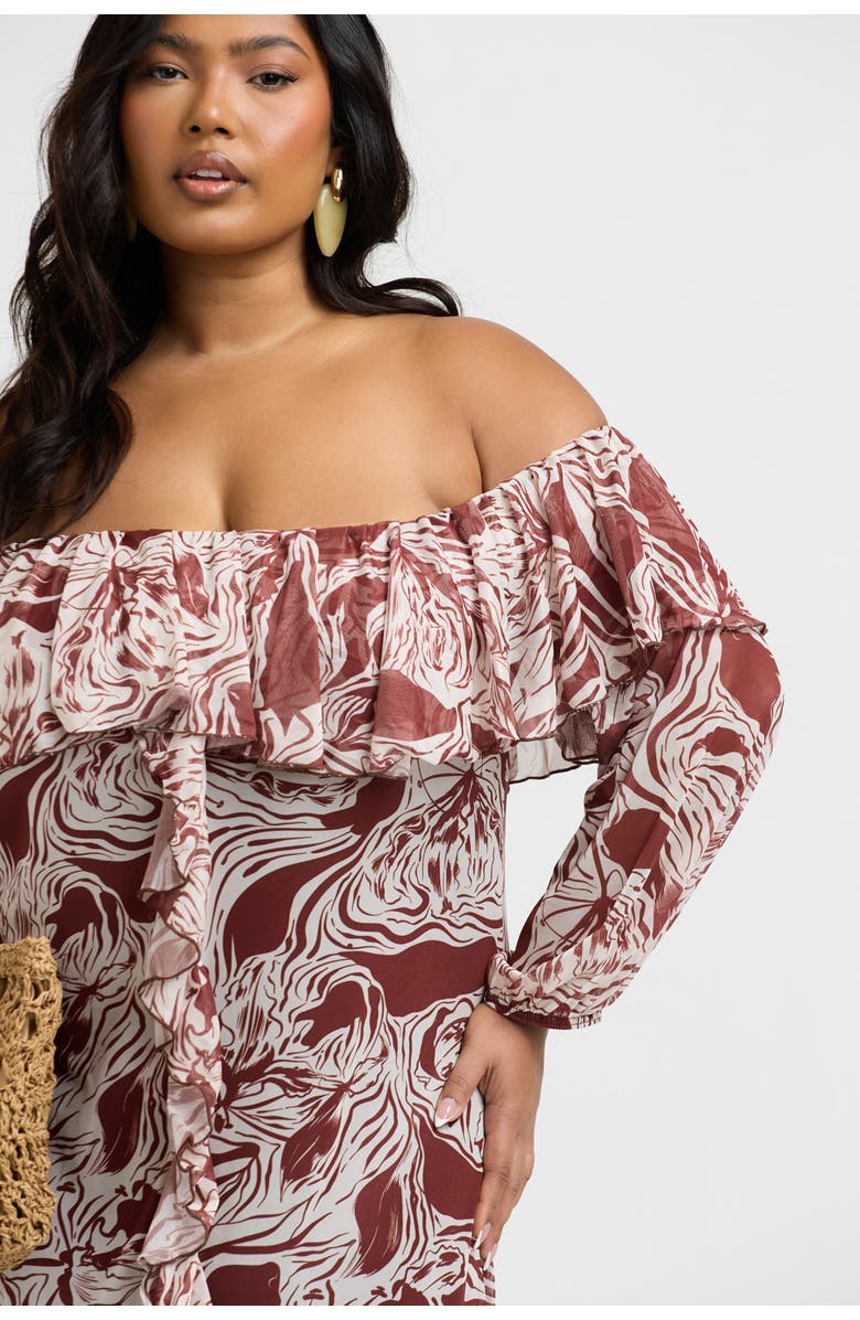 FASHION-SZN CURVE Curve Ruffle Bardot Midaxi Dress, Alternate, color, Brown