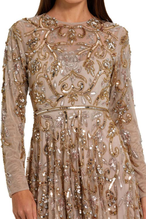 Mac Duggal Long Sleeve Hand Embellished Gown In Gold