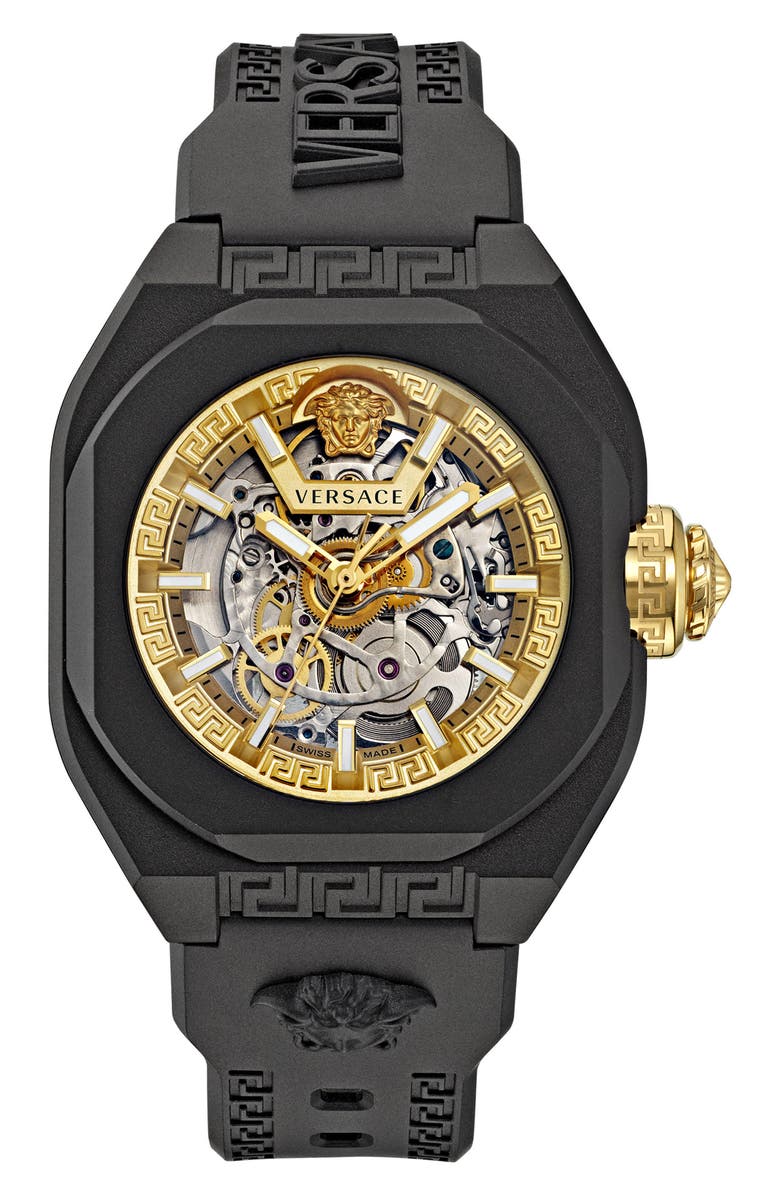 Versace V-Legend Skeleton Recycled Polyurethane Strap Watch, 42mm, Main, color, 