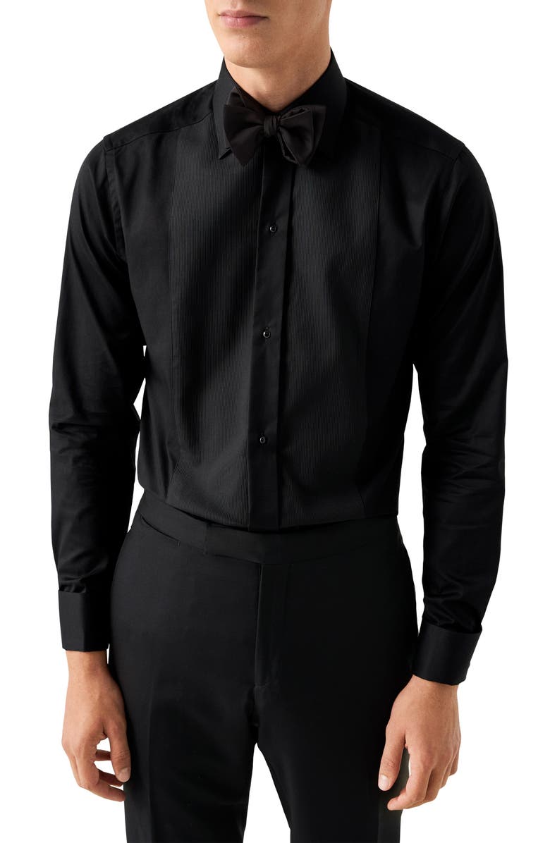 Eton Slim Fit Solid Black Organic Cotton Plissé Tuxedo Shirt, Main, color, Black