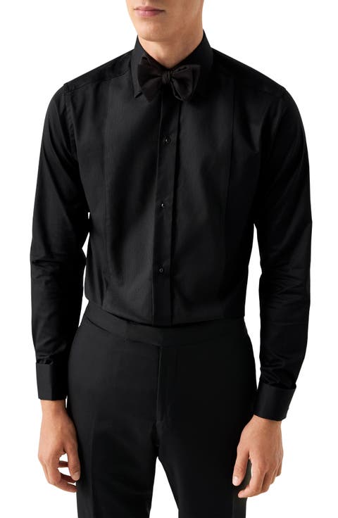 Slim Fit Solid Black Organic Cotton Plissé Tuxedo Shirt (Regular & Big)