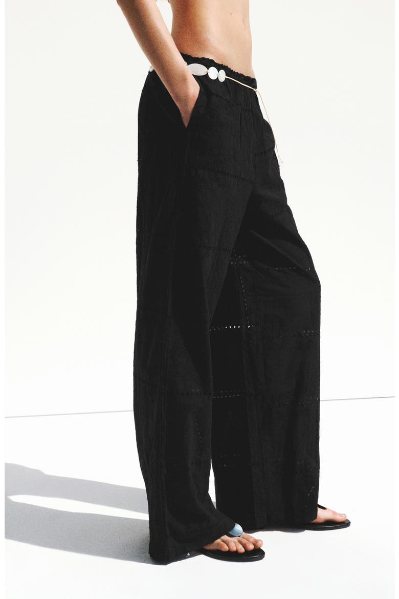Eyelet Embroidered Cotton Trousers, Main, color, BLACK