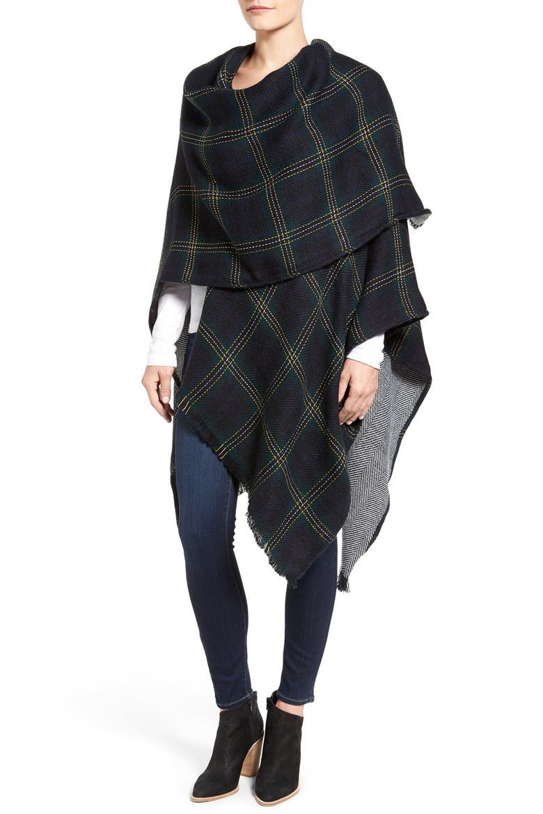 Reversible Plaid & Herringbone Cape, Alternate, color, INK
