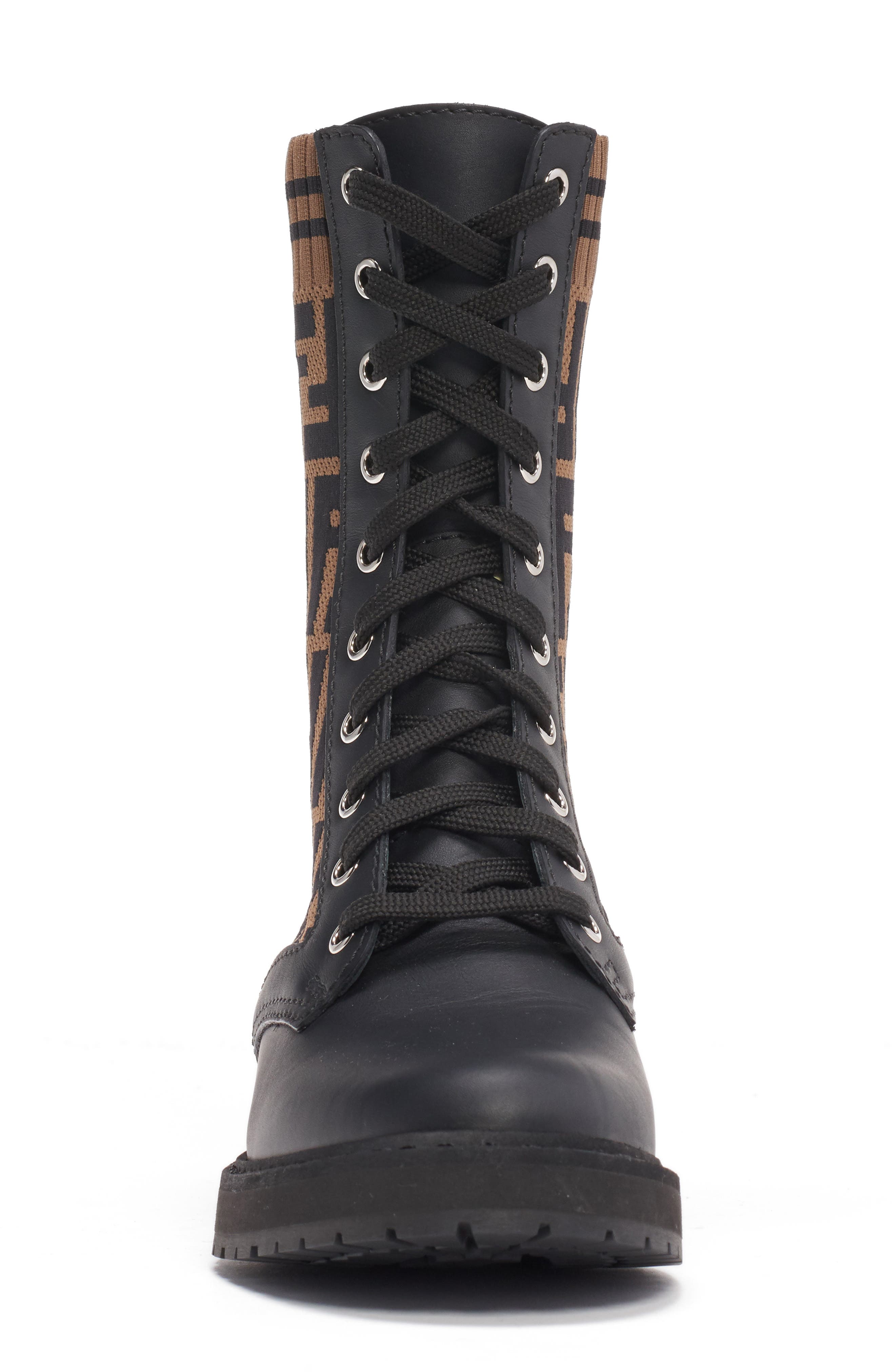 Fendi Rockoko Logo Sock Lace-Up Combat Boot, Alternate, color, 