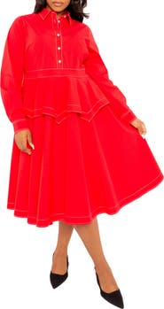 BUXOM COUTURE Topstitched Long Sleeve Peplum Shirtdress