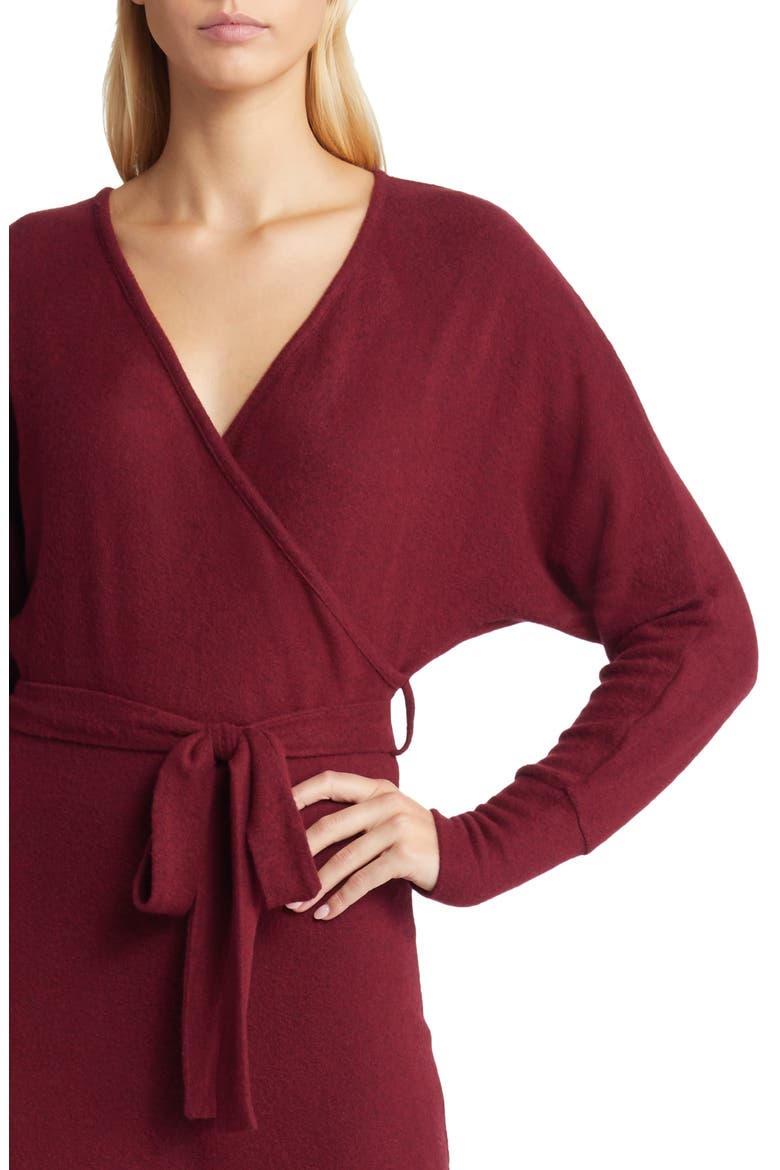 Long Sleeve Faux Wrap Midi Dress, Alternate, color, BURGUNDY