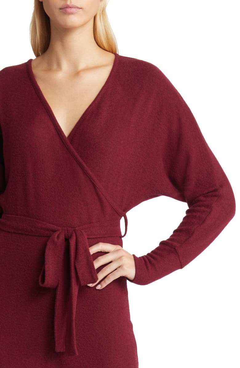 Loveappella Long Sleeve Faux Wrap Midi Dress, Alternate, color, Burgundy