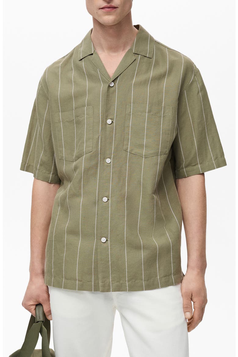 Pinstripe Linen & Cotton Bowling Camp Shirt, Main, color, GREEN