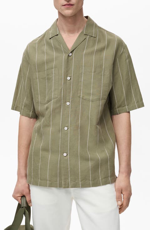 Pinstripe Linen & Cotton Bowling Camp Shirt