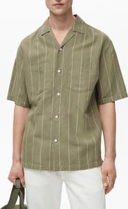 MANGO Pinstripe Linen & Cotton Bowling Camp Shirt