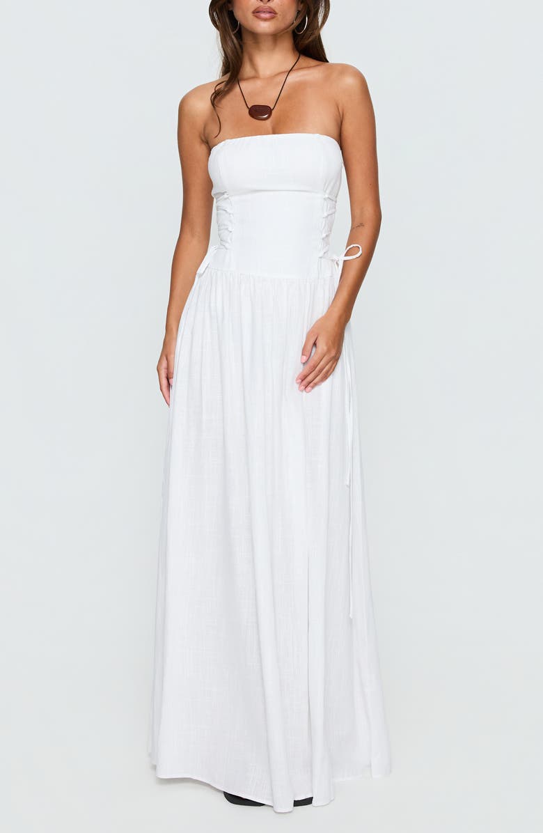 Princess Polly So Far So Good Strapless Linen & Cotton Maxi Dress, Main, color, White