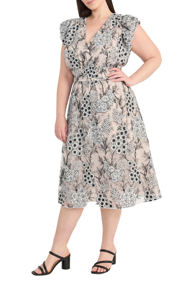 Floral Flutter Sleeve Smock Waist Midi Dress, Alternate, color, BLACK/ IVORY
