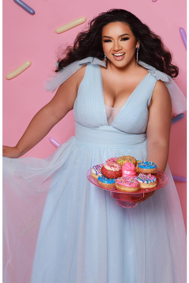 V-Neckline Bra-Friendly Plus Size A-line Gown with Bows, Alternate, color, Ice Blue
