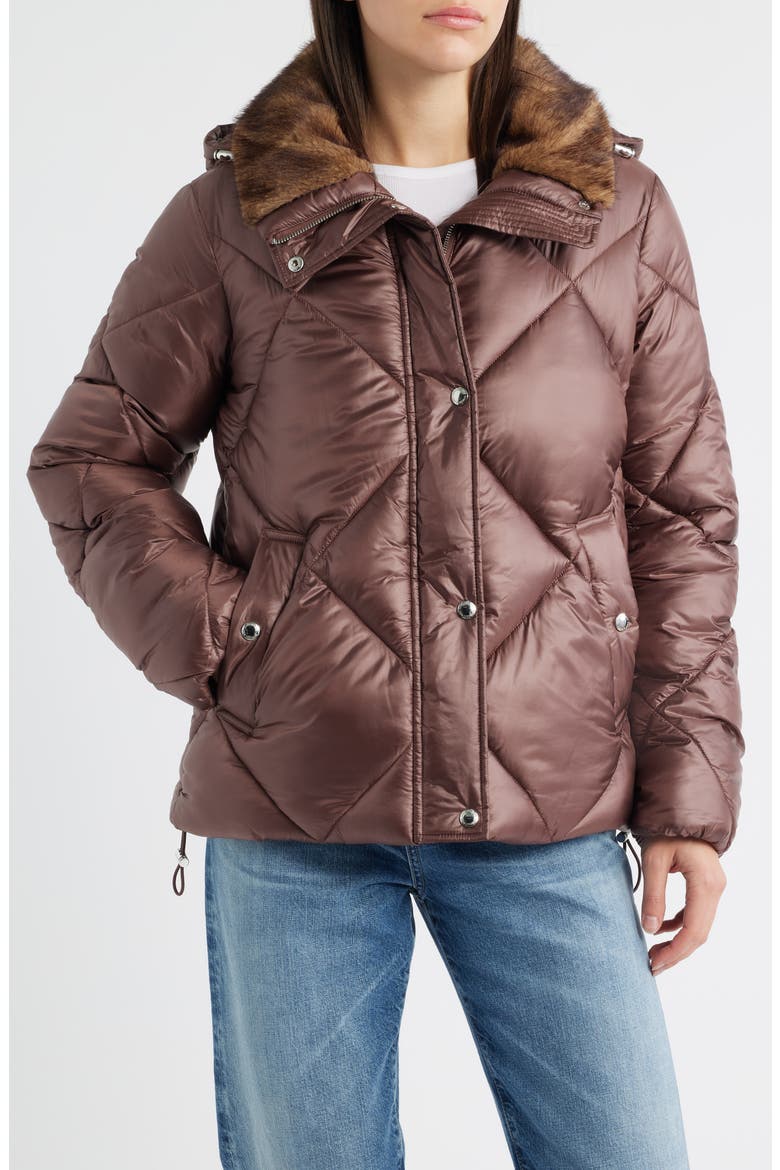 Diamond Quilted Puffer Jacket with Faux Fur Hood, Alternate, color, MOCHA