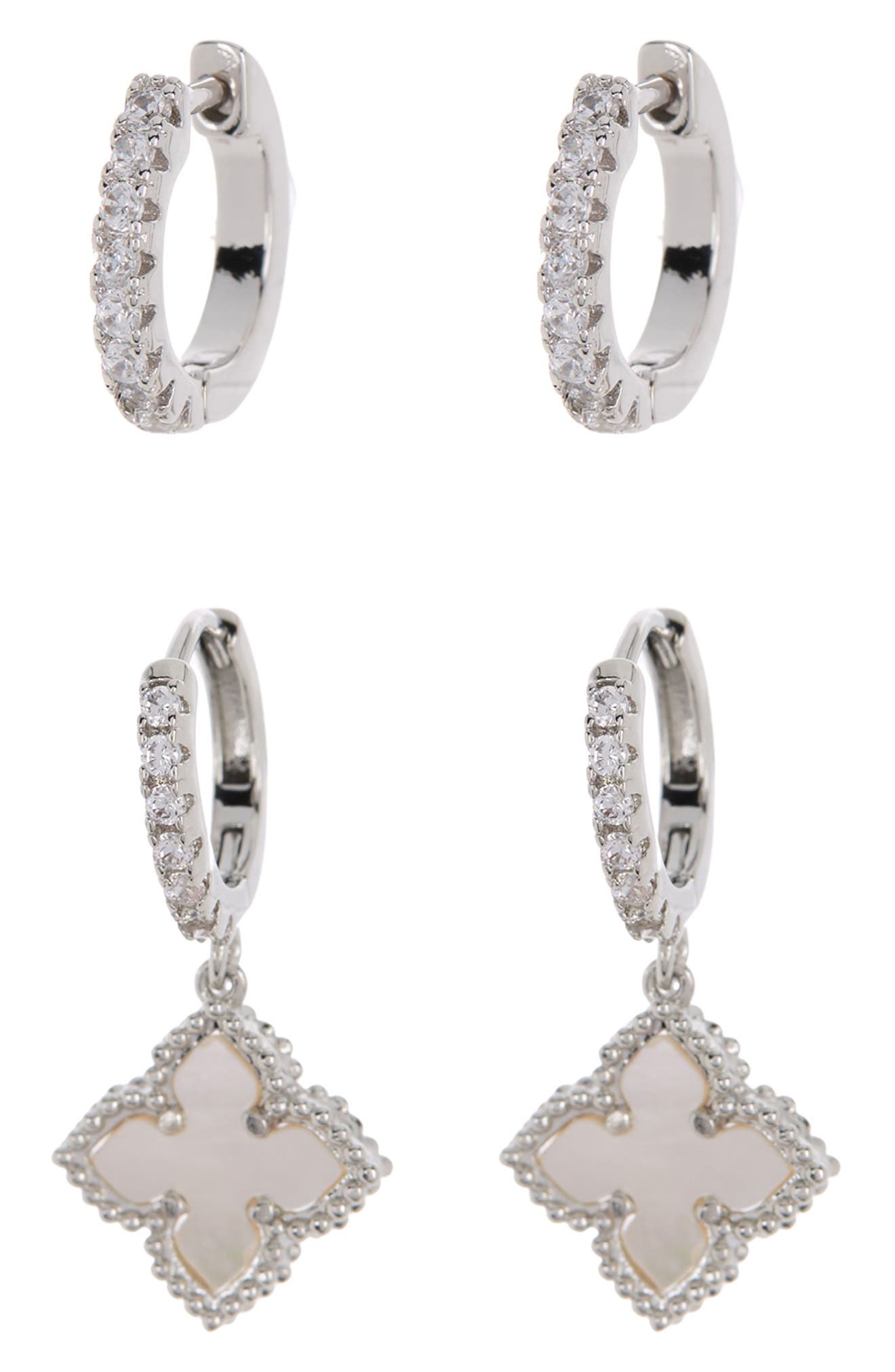 Adornia Swarovski Crystal Huggie Mother-of-Pearl Quatrefoil Drop Earrings Set