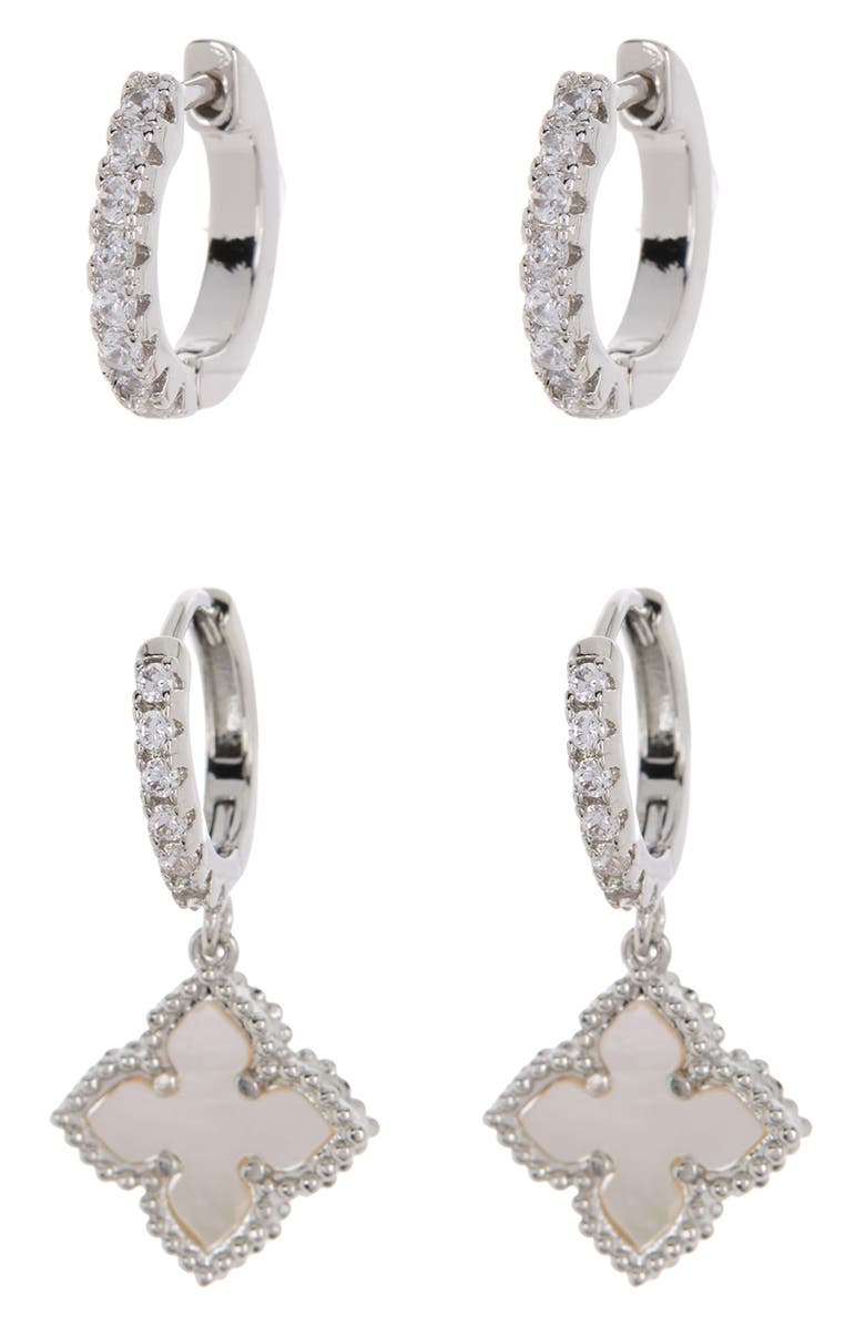 Adornia Swarovski Crystal Huggie Mother-of-Pearl Quatrefoil Drop Earrings Set, Main, color, White