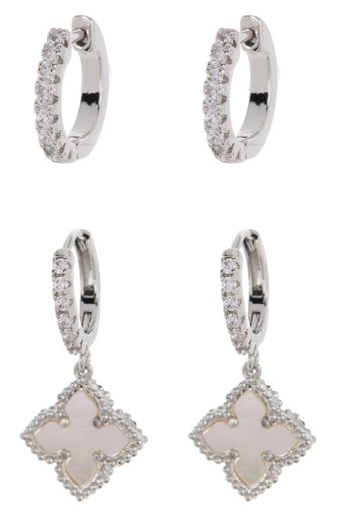 Swarovski Crystal Huggie Mother-of-Pearl Quatrefoil Drop Earrings Set