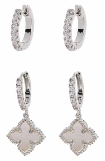 Adornia Swarovski Crystal Huggie Mother-of-Pearl Quatrefoil Drop Earrings Set