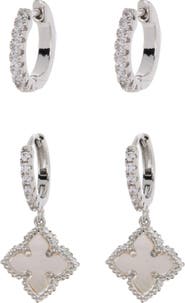 Adornia Swarovski Crystal Huggie Mother-of-Pearl Quatrefoil Drop Earrings Set